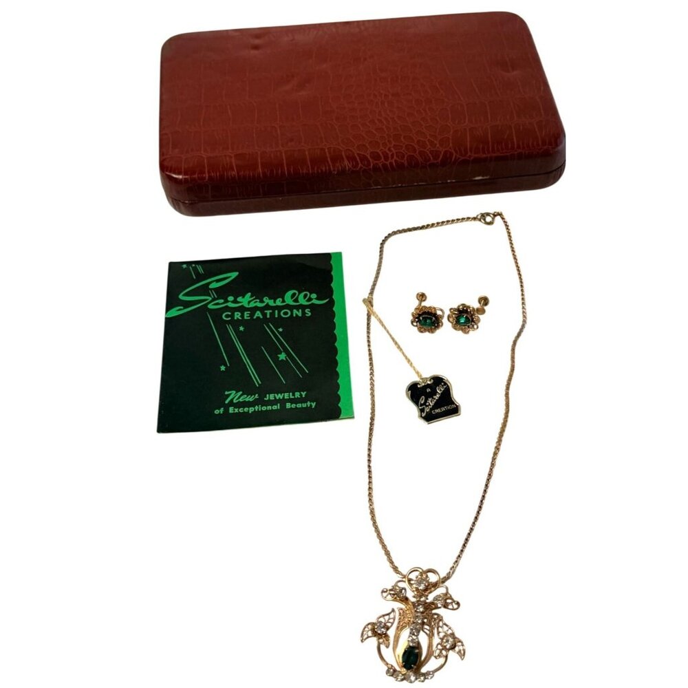 Vintage Gold Electroplate Scitarelli Creations Necklace Earrings Set w Tag & Box - Picture 1 of 16